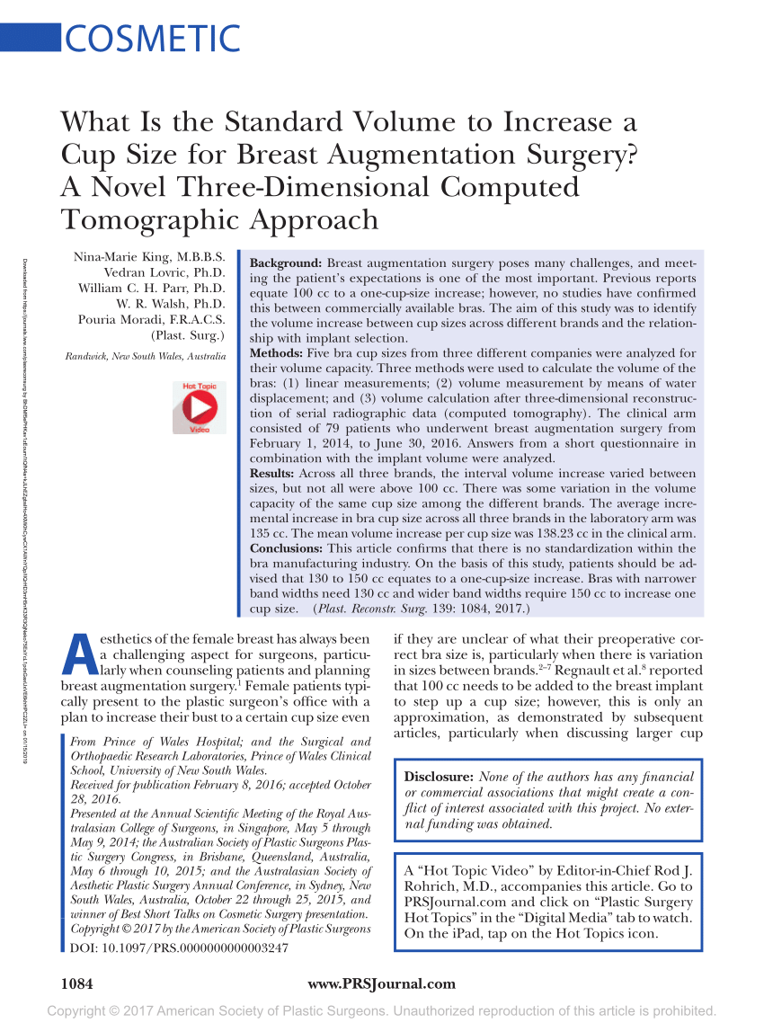PDF) What Is the Standard Volume to Increase a Cup Size for Breast  Augmentation Surgery? A Novel Three-Dimensional Computed Tomographic  Approach