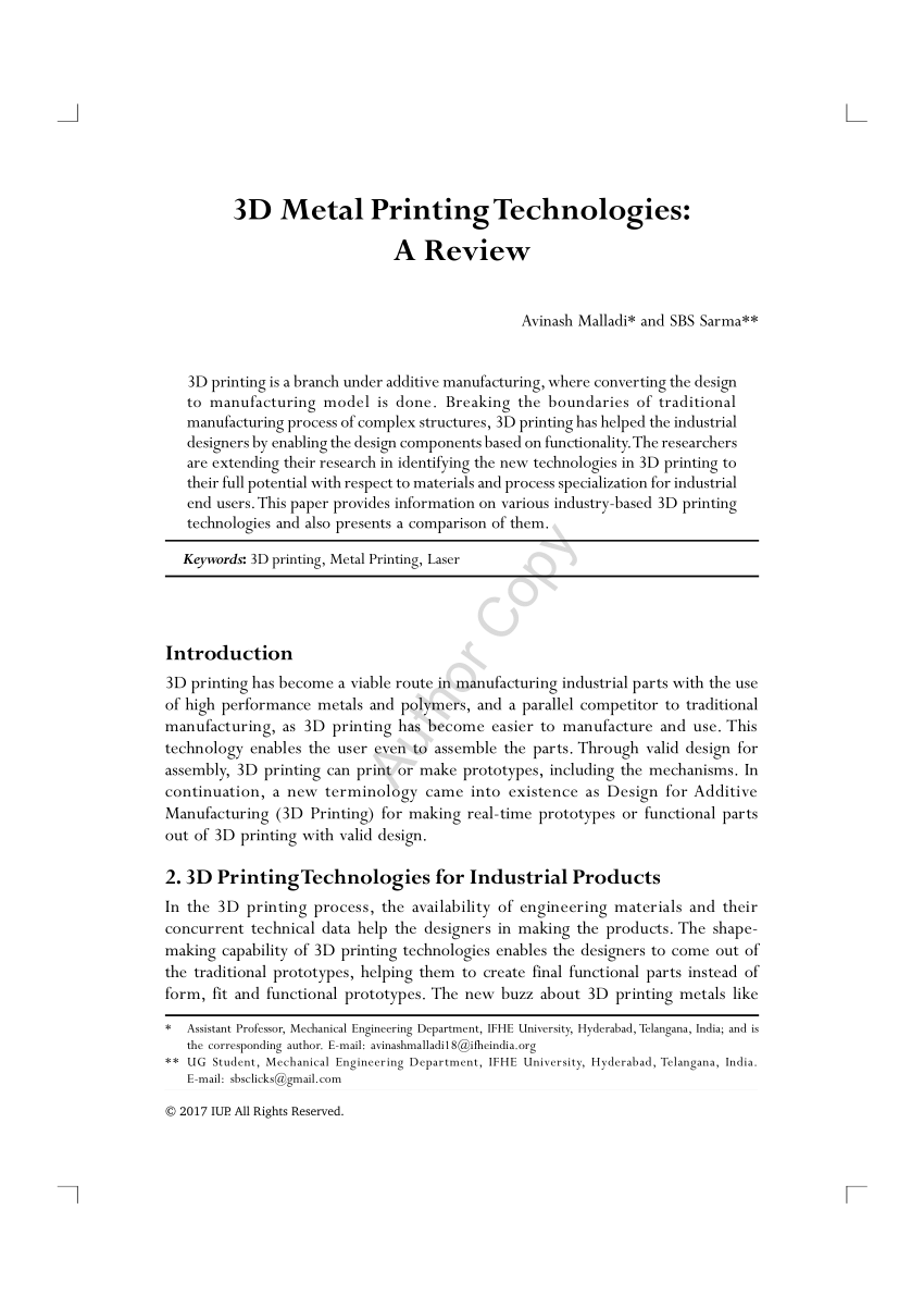 research paper on 3d metal printing