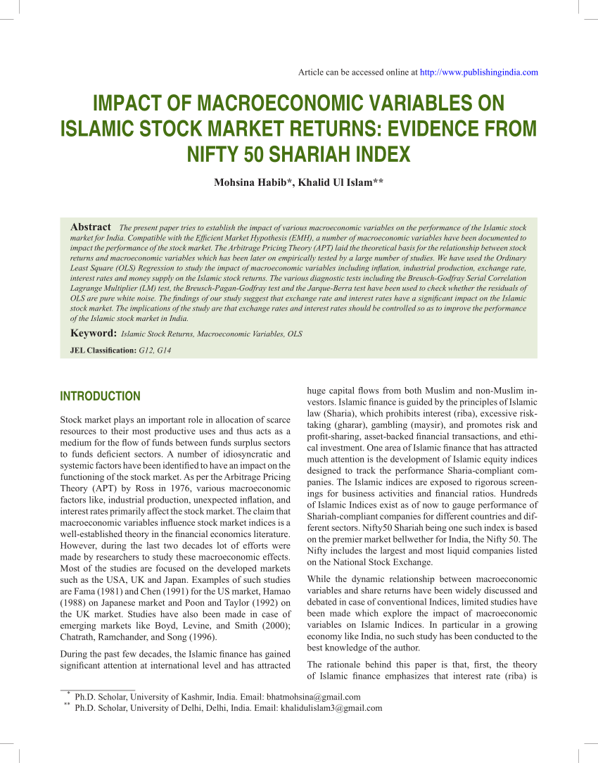 Pdf Impact Of Macroeconomic Variables On Islamic Stock Market Returns Evidence From Nifty 50 Shariah Index