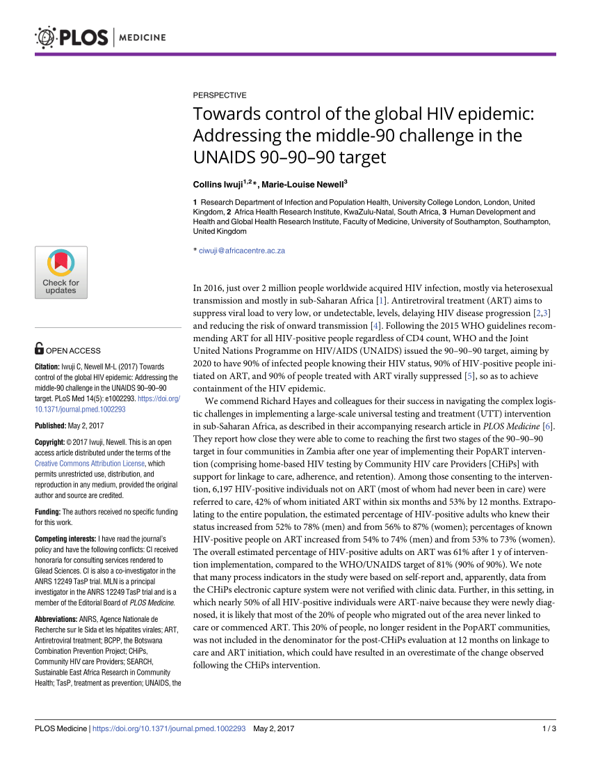 Pdf Towards Control Of The Global Hiv Epidemic Addressing The Middle 90 Challenge In The Unaids 90 90 90 Target