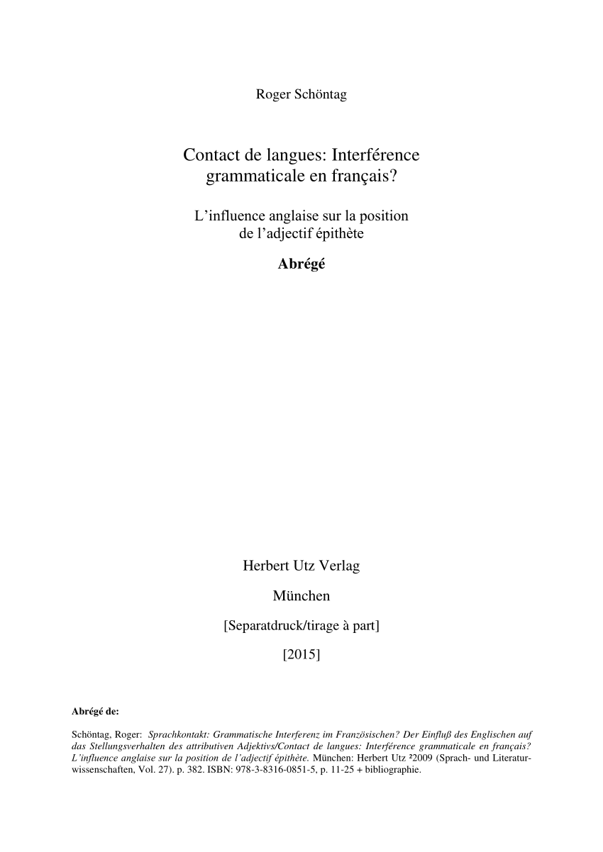 Pdf Contact De Langues Interference Grammaticale En Francais L Influence Anglaise Sur La Position De L Adjectif Epithete Abrege