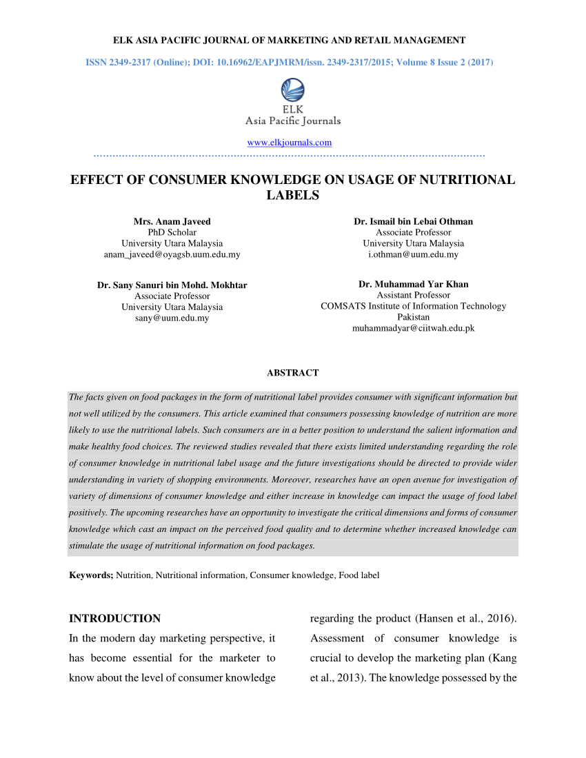 Pdf Effect Of Consumer Knowledge On Usage Of Nutritional Labels