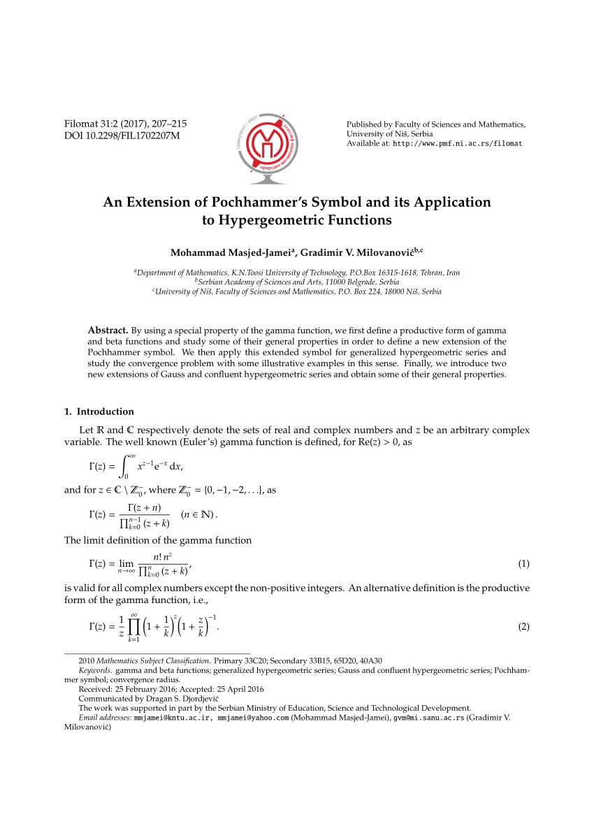 Pdf An Extension Of Pochhammer S Symbol And Its Application To Hypergeometric Functions