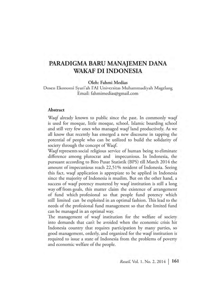 Pdf Paradigma Baru Manajemen Wakaf Di Indonesia