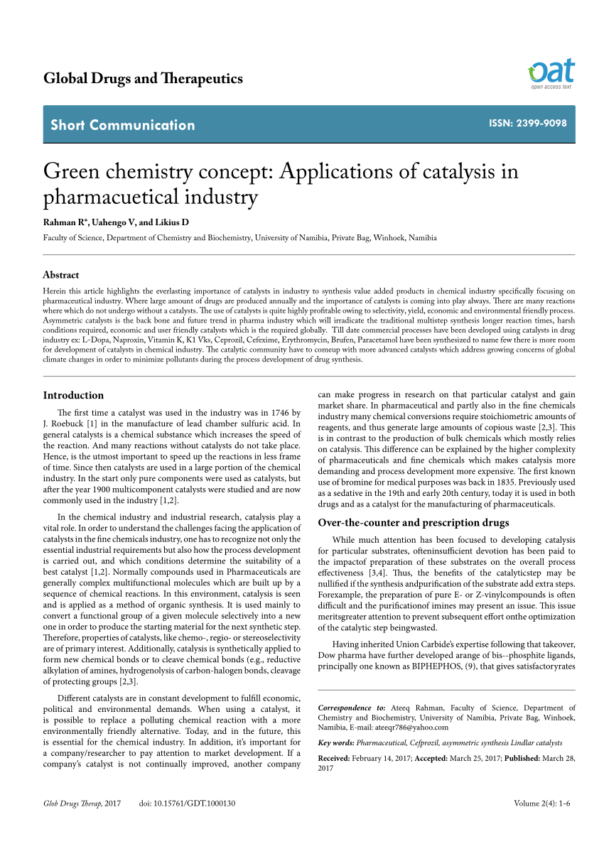 PDF Green chemistry concept Applications of catalysis in