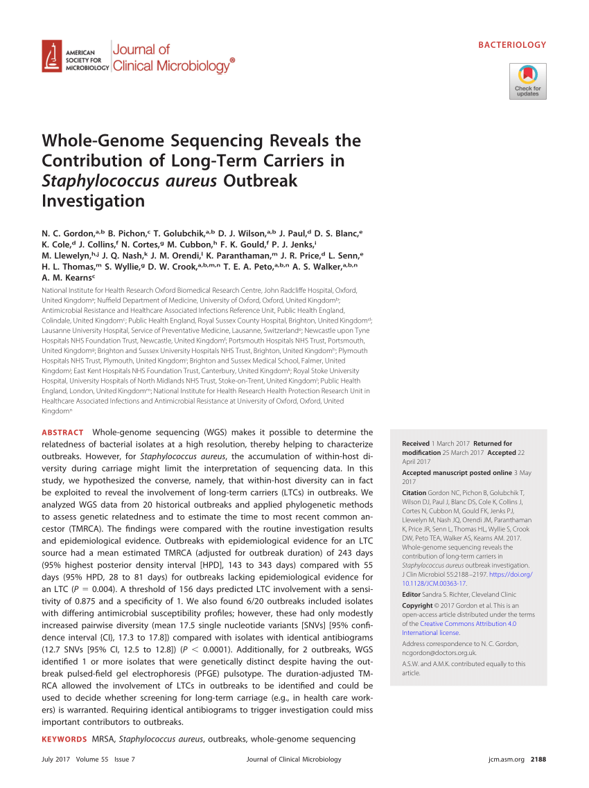 Pdf Whole Genome Sequencing Reveals The Contribution Of Long Term Carriers In Staphylococcus Aureus Outbreak Investigation