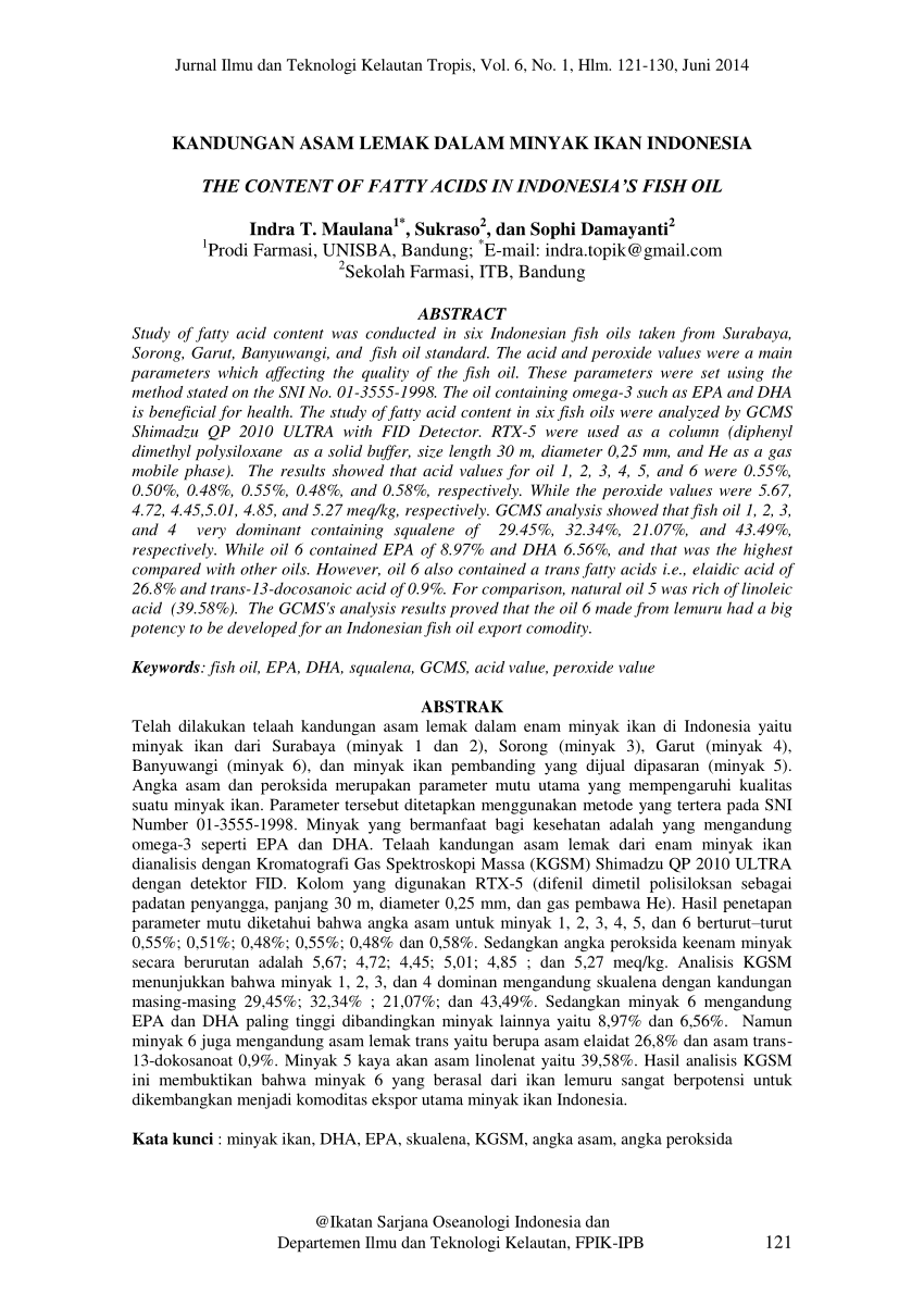 Pdf Kandungan Asam Lemak Dalam Minyak Ikan Indonesia