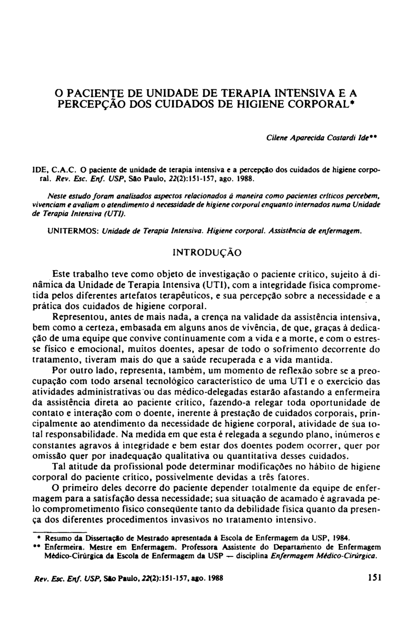 Pdf O Paciente De Unidade De Terapia Intensiva E A Percepcao Dos