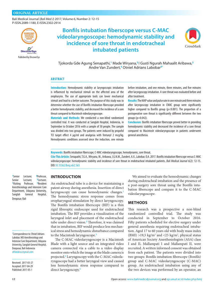 Pdf Bonfils Intubation Fiberscope Versus C Mac Videolaryngoscope Hemodynamic Stability And Incidence Of Sore Throat In Endotracheal Intubated Patients