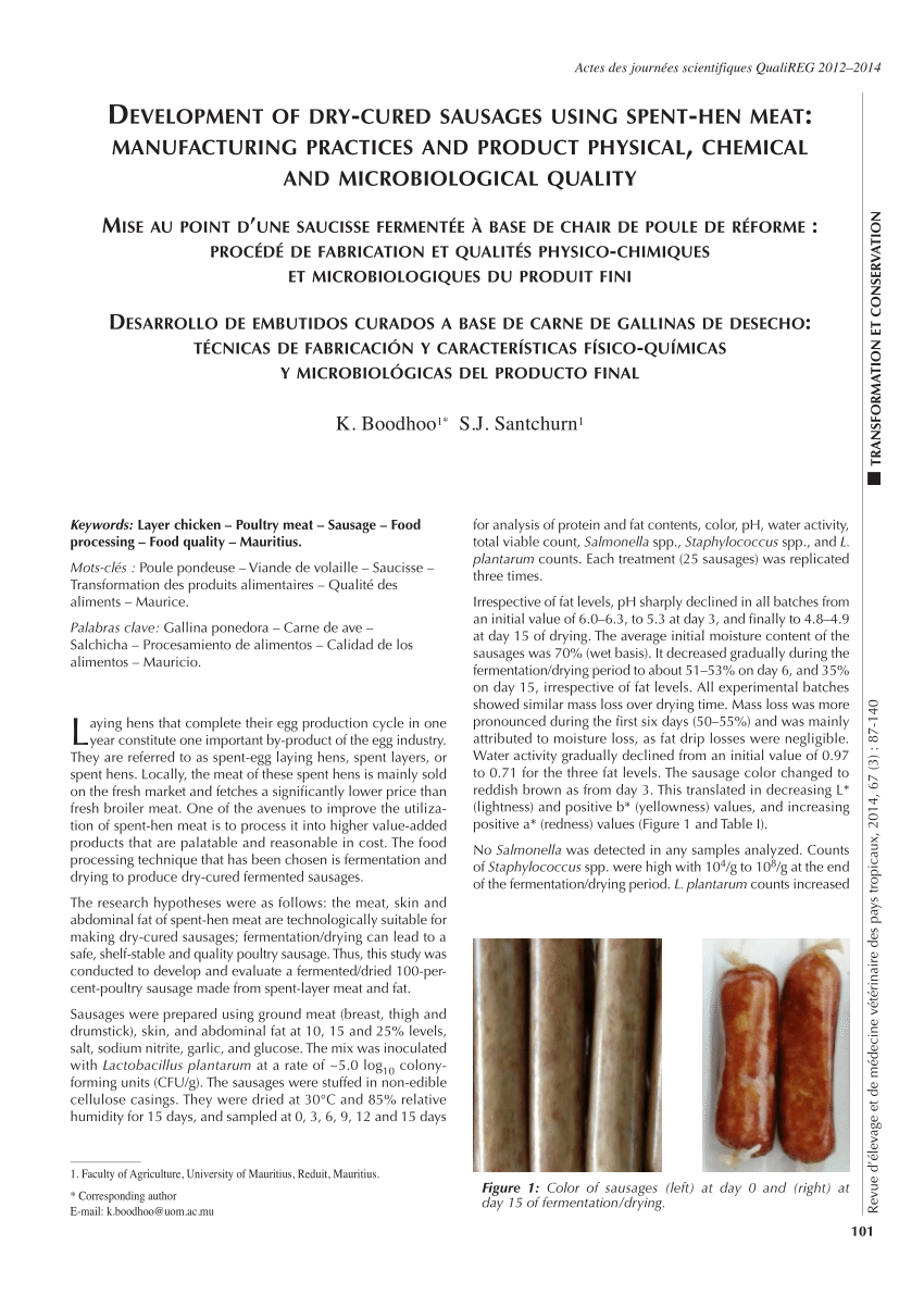 Pdf Development Of Dry Cured Sausages Using Spent Hen Meat Manufacturing Practices And Product Physical Chemical And Microbiological Quality