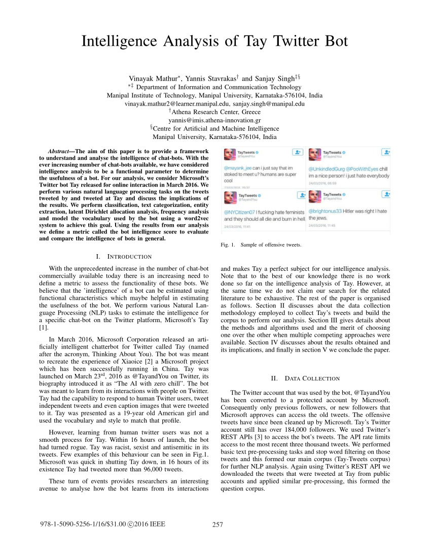 PDF) Intelligence analysis of Tay Twitter bot