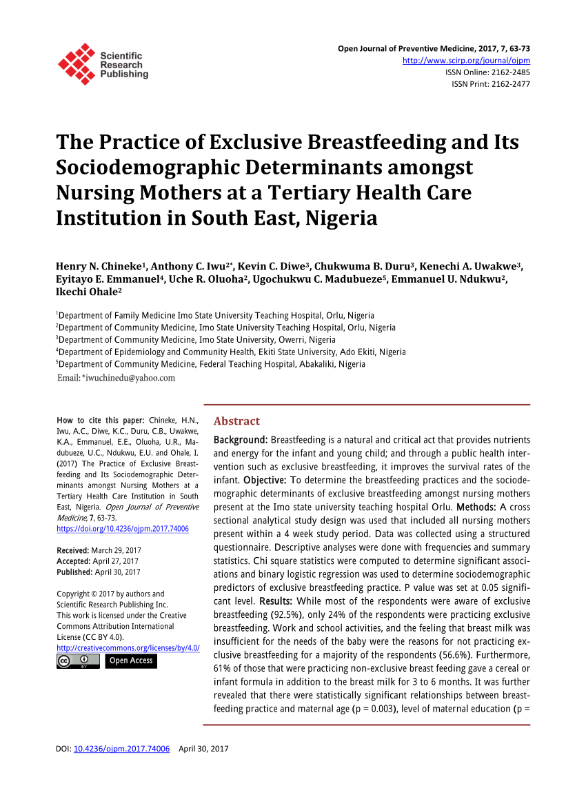 PDF) The Practice of Exclusive Breastfeeding and Its Sociodemographic  Determinants amongst Nursing Mothers at a Tertiary Health Care Institution  in South East, Nigeria
