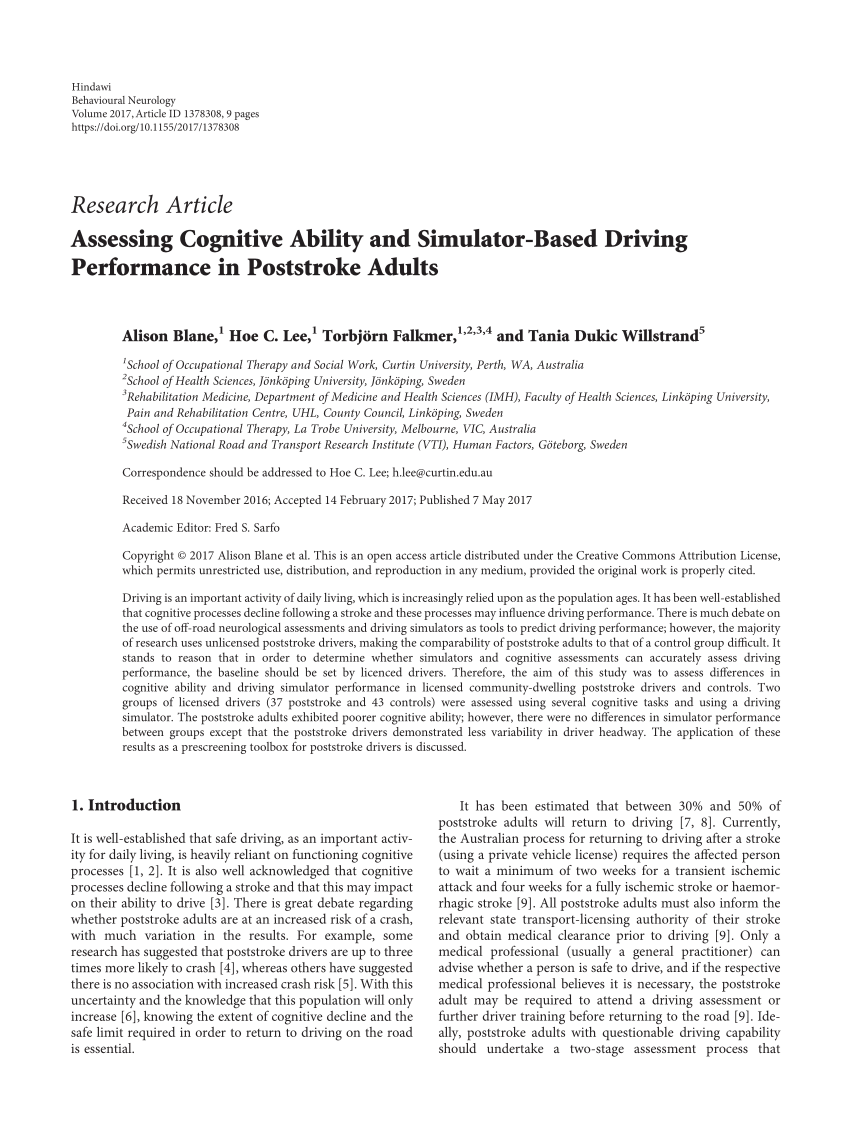 PDF) Assessing Cognitive Ability and Simulator-Based Driving Performance in  Post-Stroke Adults