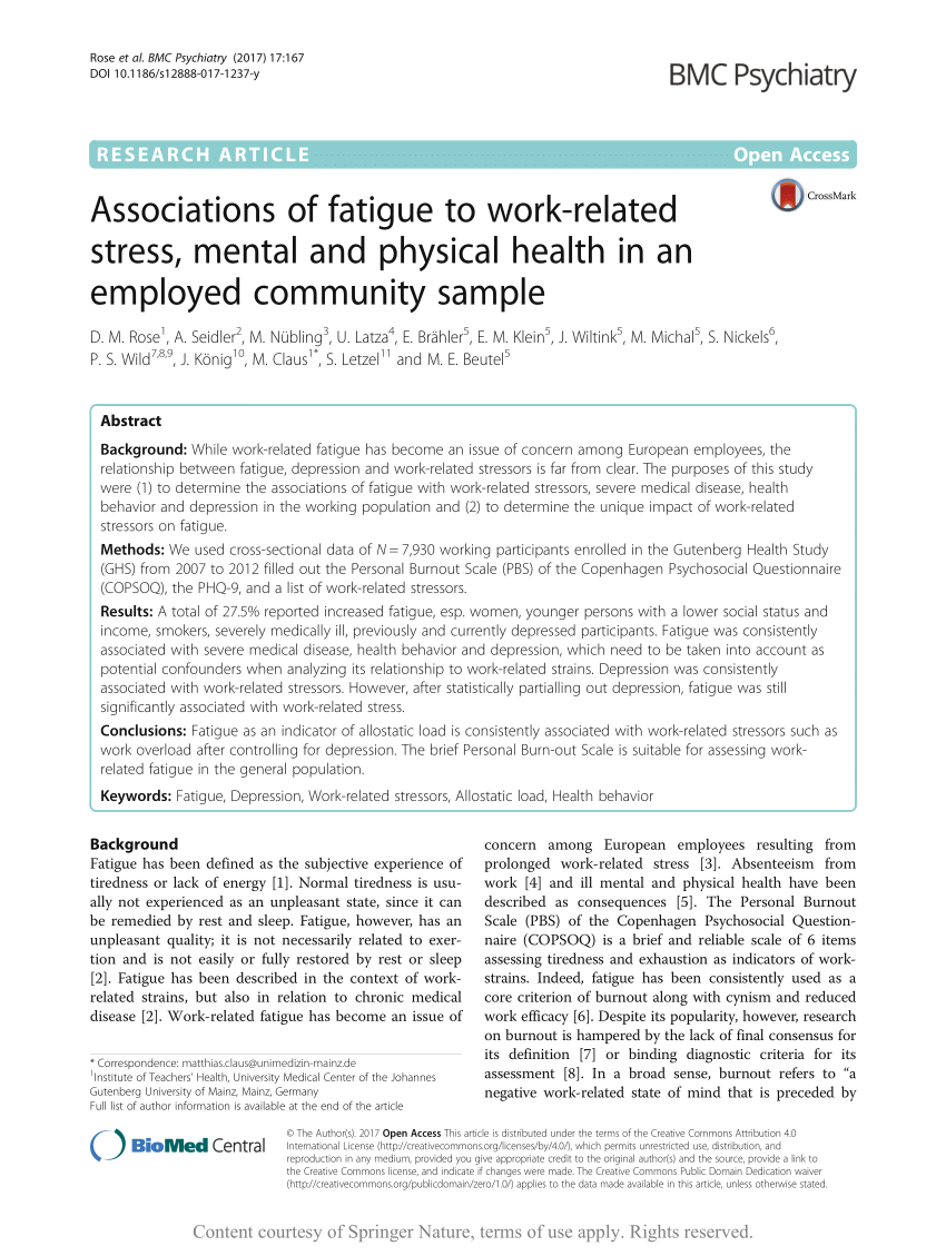 Pdf Associations Of Fatigue To Work Related Stress Mental And Physical Health In An Employed Community Sample