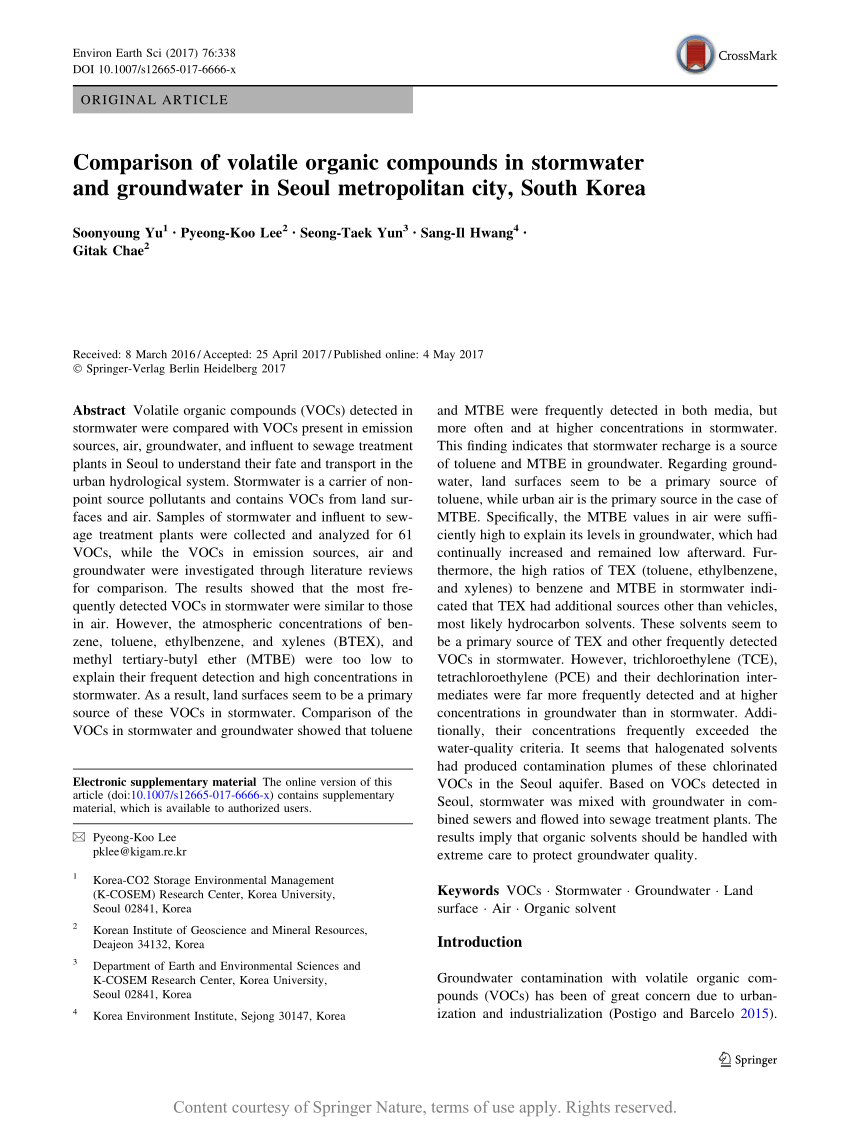 Comparison of volatile organic compounds in stormwater and groundwater in Seoul metropolitan