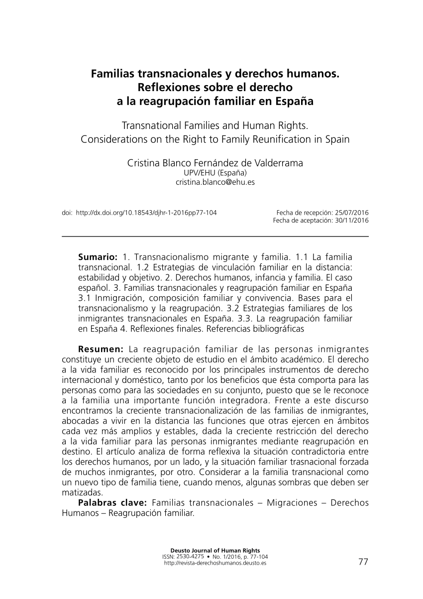 PDF) Familias transnacionales y Derechos Humanos. Reflexiones sobre el  derecho a la reagrupación familiar en España.