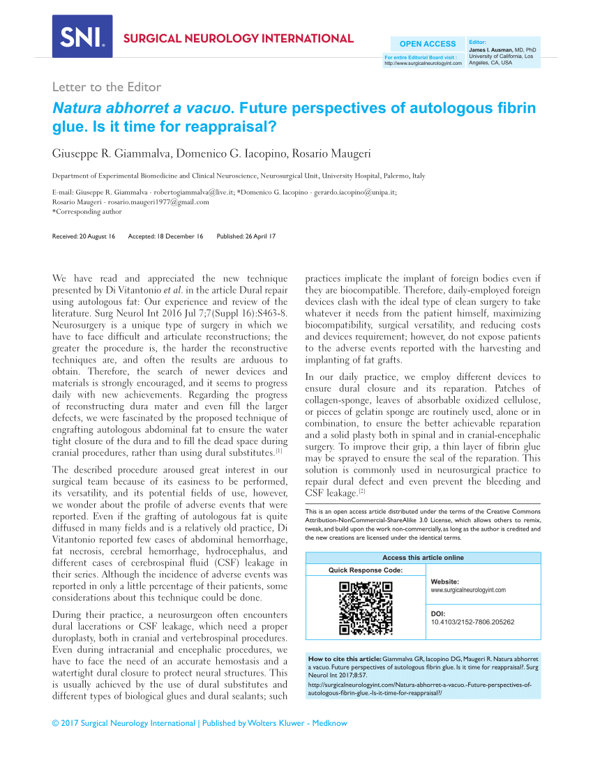 PDF) Natura abhorret a vacuo. Future perspectives of autologous fibrin  glue. Is it time for reappraisal?
