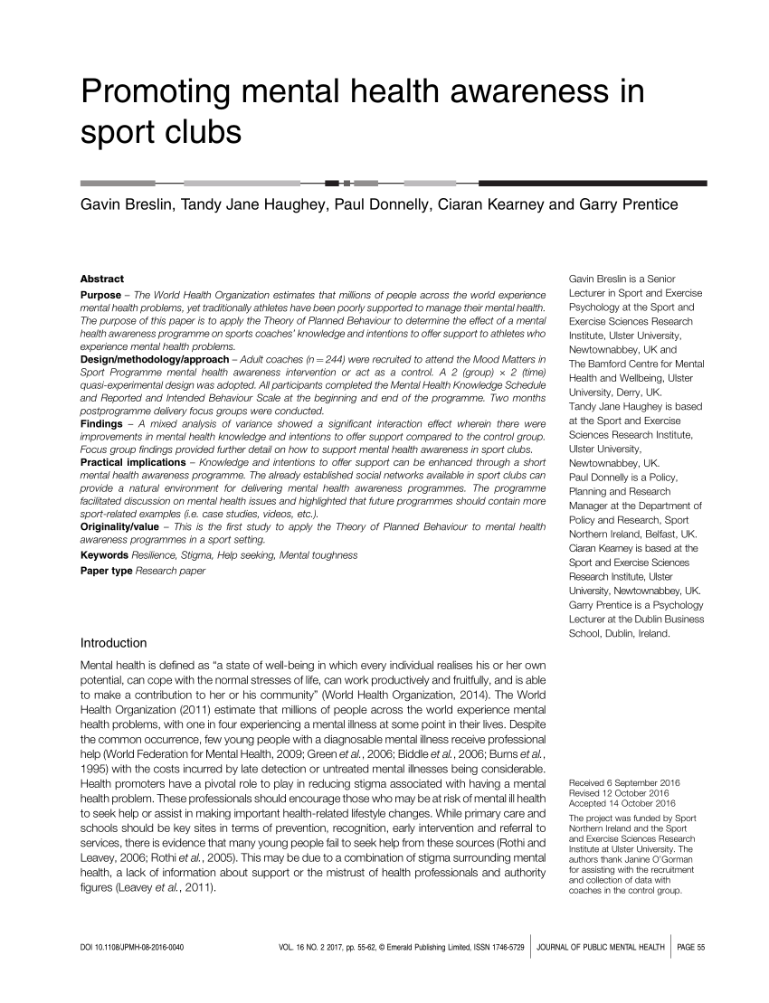 Pdf Promoting Mental Health Awareness In Sport Clubs