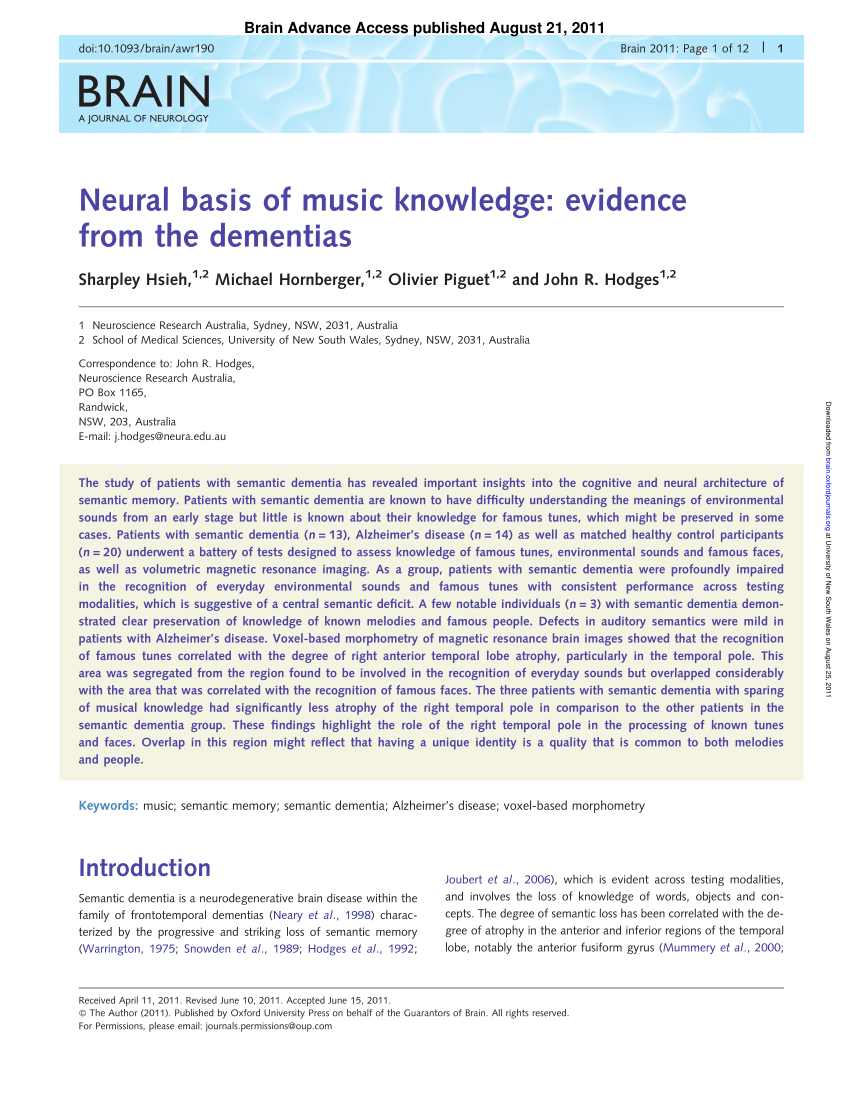 Pdf Neural Basis Of Music Knowledge Evidence From The