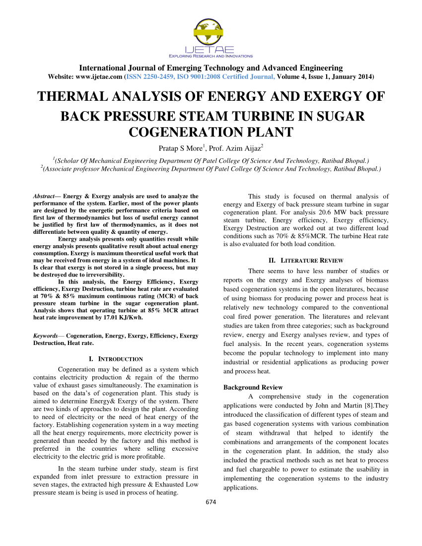 Pdf Thermal Analysis Of Energy And Exergy Of Back Pressure Steam Turbine In Sugar Cogeneration Plant