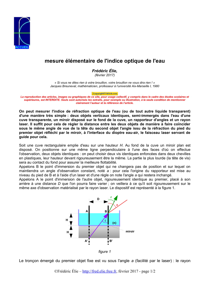 Pdf Mesure Elementaire De L Indice Optique De L Eau