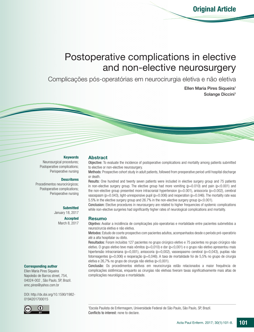 Pdf Complica Es P S Operat Rias Em Neurocirurgia Eletiva E N O Eletiva