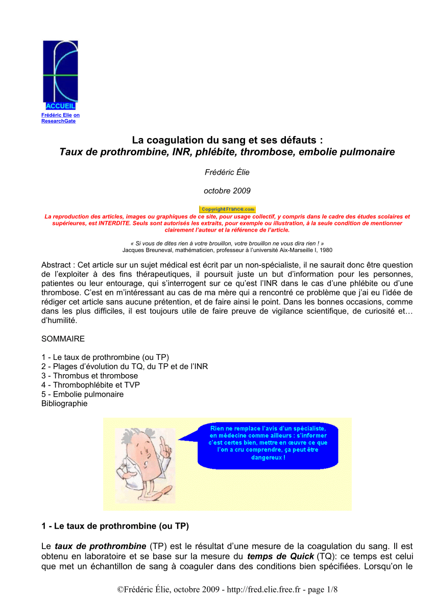 PDF) La coagulation du sang et ses défauts : Taux de prothrombine ...