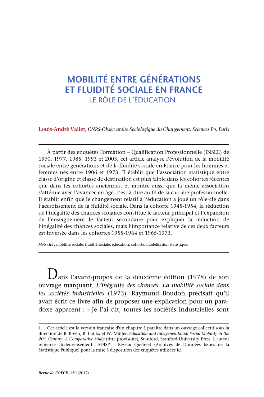 PDF) Mobilit entre gnrations et fluidit sociale en France : Le ...