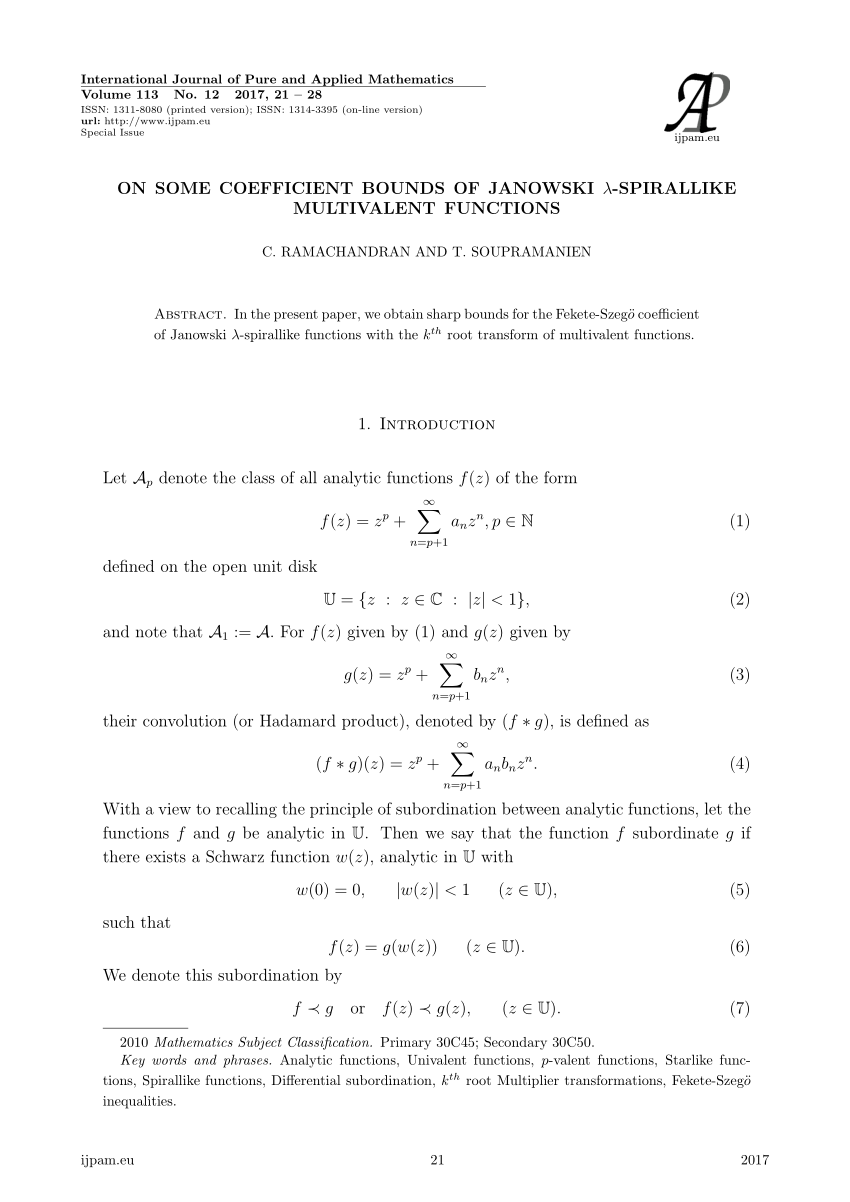 Pdf On Some Coefficient Bounds Of Janowski L Spirallike Multivalent Functions