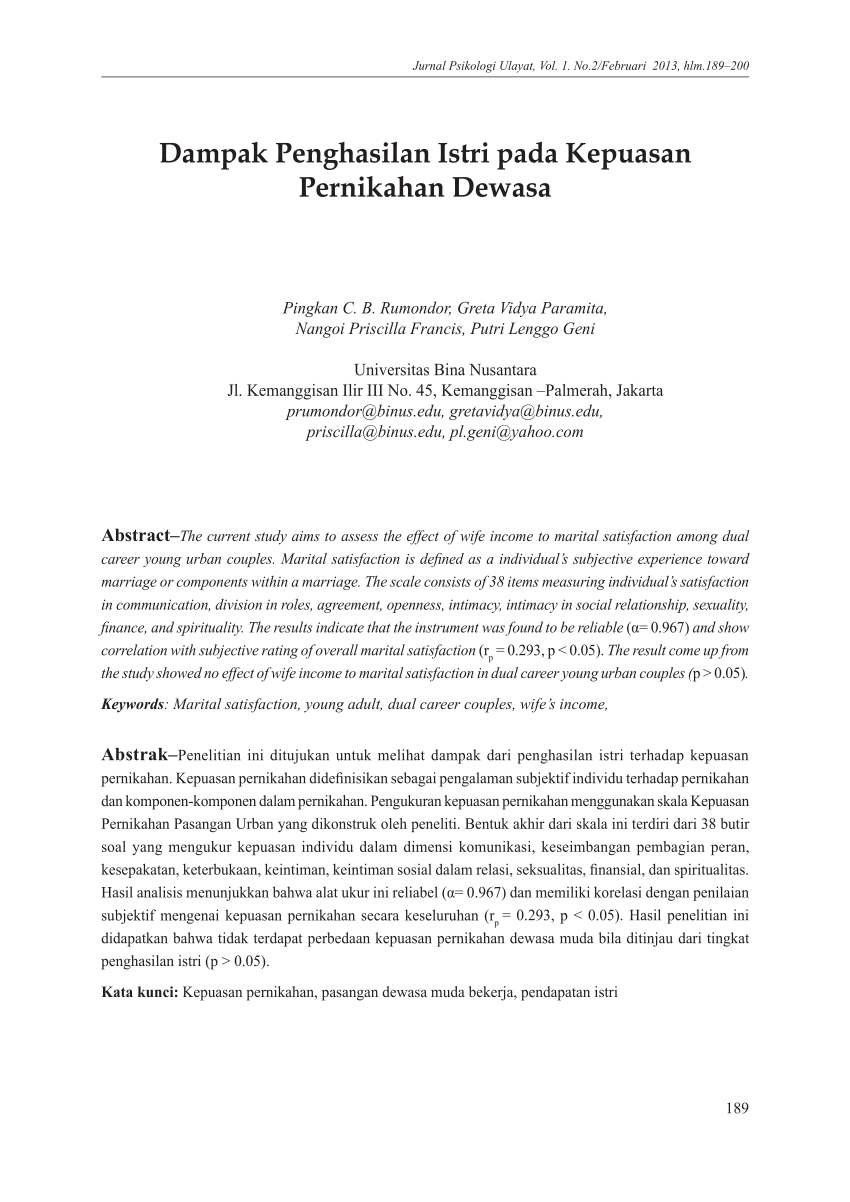 PDF Dampak Penghasilan Istri Pada Kepuasan Pernikahan Dewasa