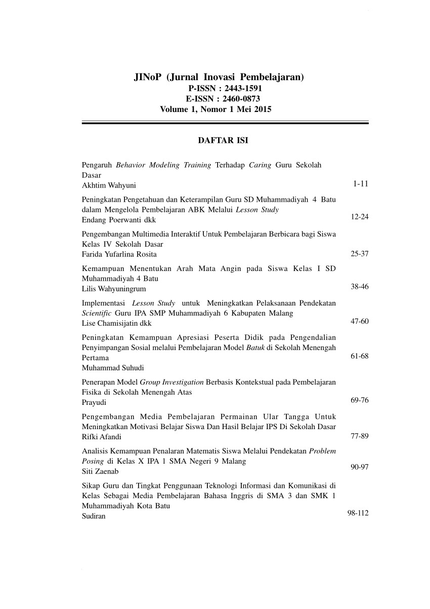 (PDF) Daftar Isi Jurnal Inovasi Pembelajaran Vol.1, No.1
