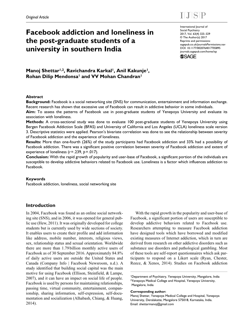 Pdf Facebook Addiction And Loneliness In The Post Graduate Students Of A University In Southern India