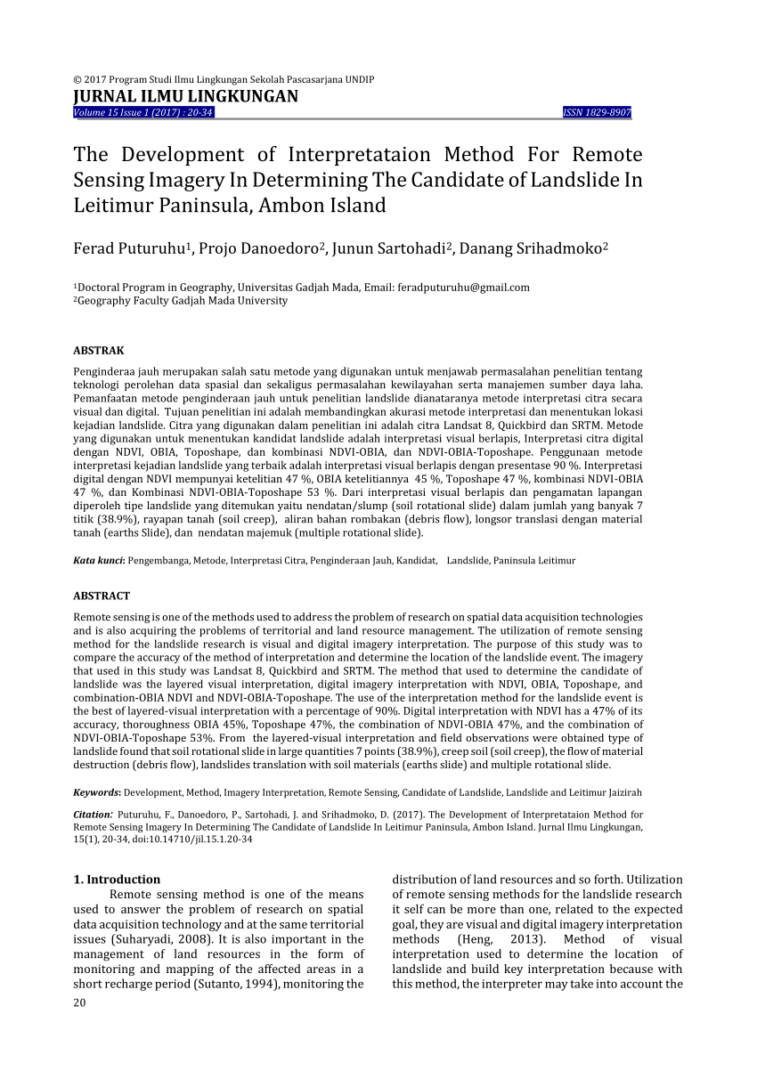 Pdf The Development Of Interpretation Method For Remote Sensing Imagery In Determining The Candidate Of Landslide In Leitimur Paninsula Ambon Island