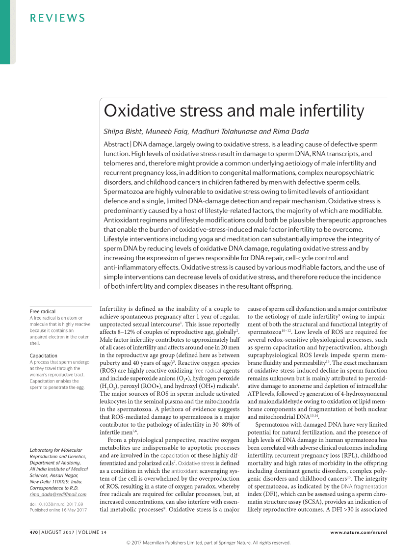 Pdf Oxidative Stress And Male Infertility