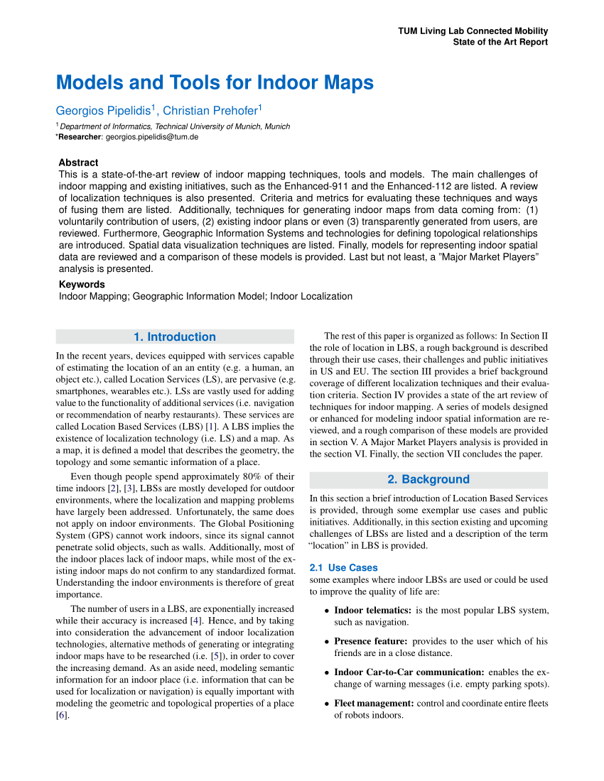 Pdf Tum Living Lab Connected Mobility State Of The Art Report Models And Tools For Indoor Maps