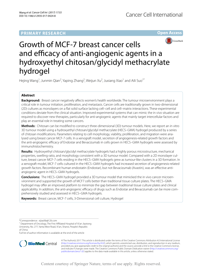 PDF) Growth of MCF-7 breast cancer cells and efficacy of anti-angiogenic  agents in a hydroxyethyl chitosan/glycidyl methacrylate hydrogel