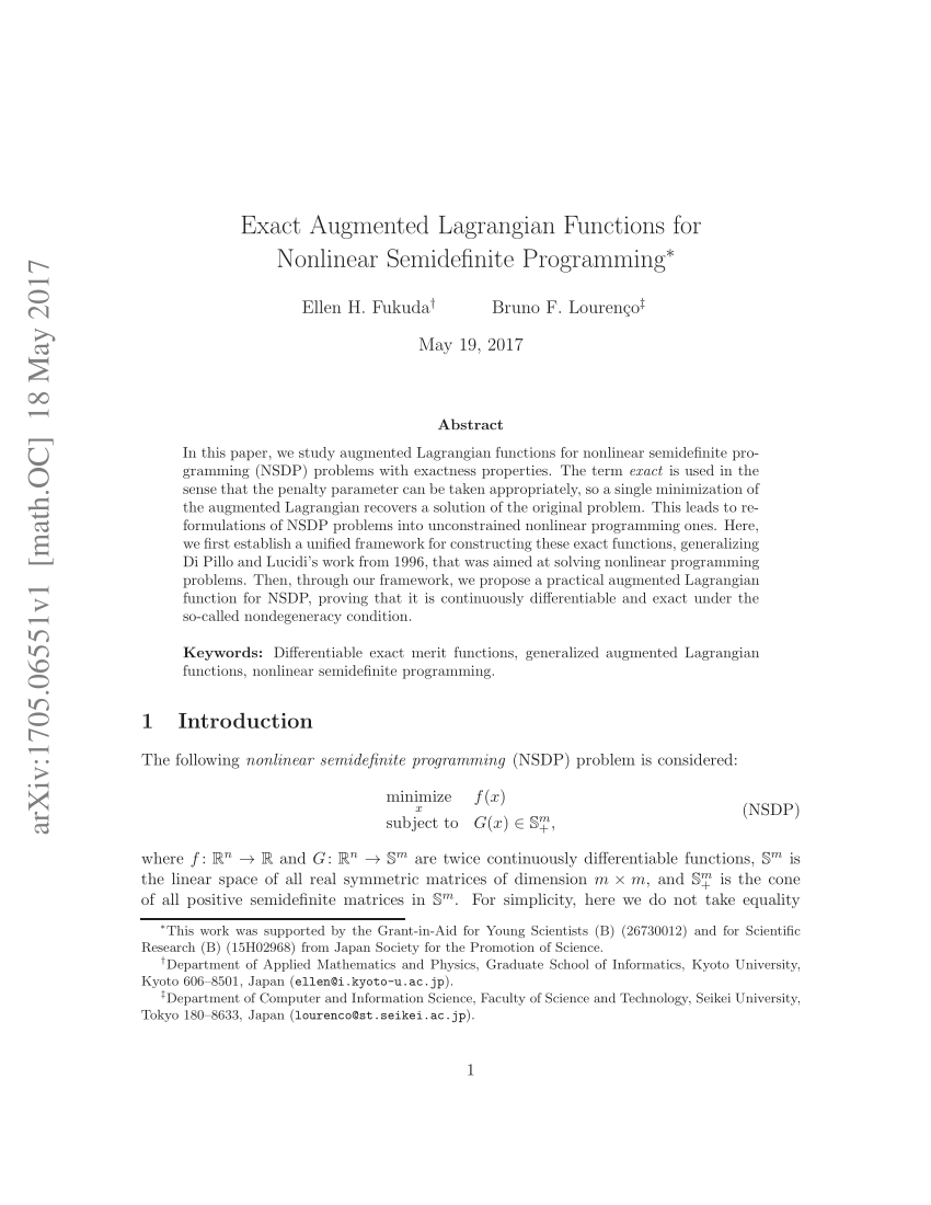 (PDF) Exact augmented Lagrangian functions for semidefinite