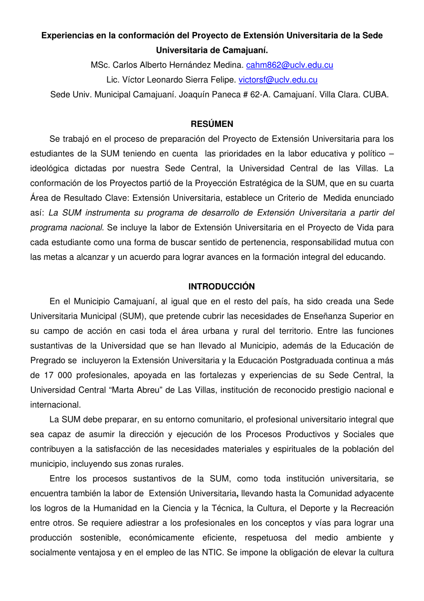 (PDF) Experiencias en la conformación del Proyecto de Extensión ...
