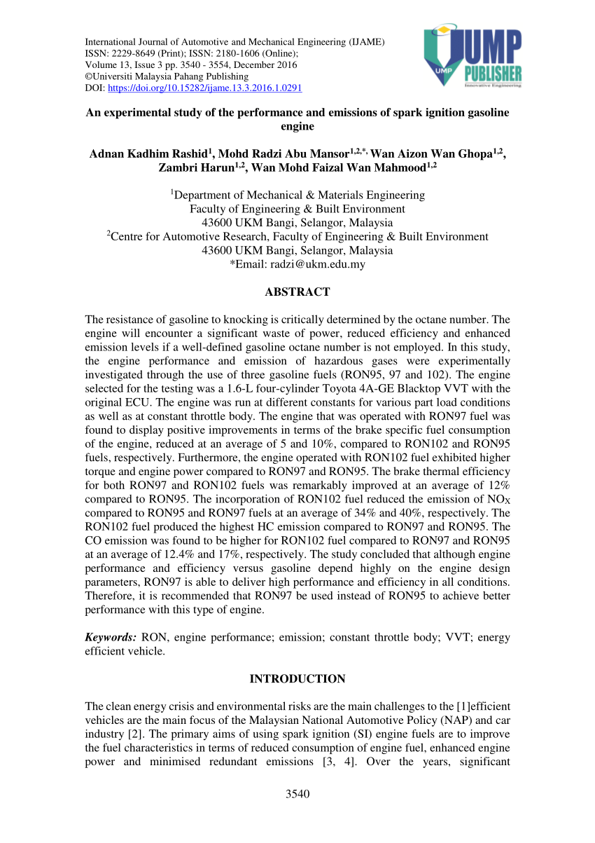 Pdf An Experimental Study Of The Performance And Emissions Of Spark Ignition Gasoline Engine