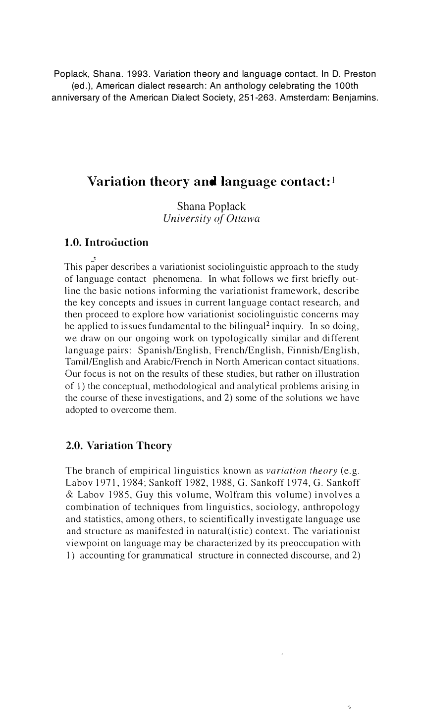 Pdf Variation Theory And Language Contact
