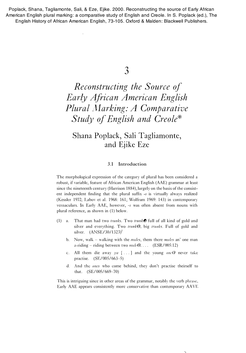 Pdf Reconstructing The Source Of Early African American English Plural Marking A Comparative Study Of English And Creole