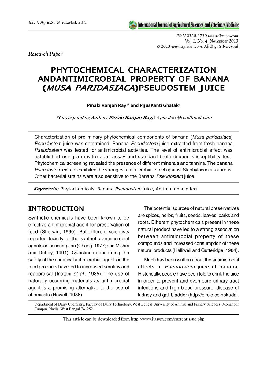 PDF) PHYTOCHEMICAL CHARACTERIZATION ANDANTIMICROBIAL PROPERTY OF BANANA  (MUSA PARIDASIACA)PSEUDOSTEM JUICE