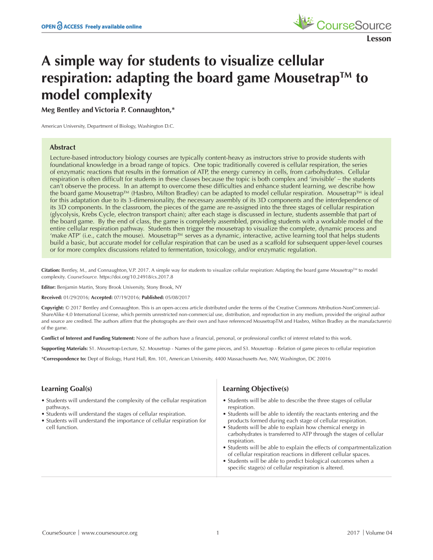 Pdf A Simple Way For Students To Visualize Cellular Respiration Adapting The Board Game Mousetraptm To Model Complexity