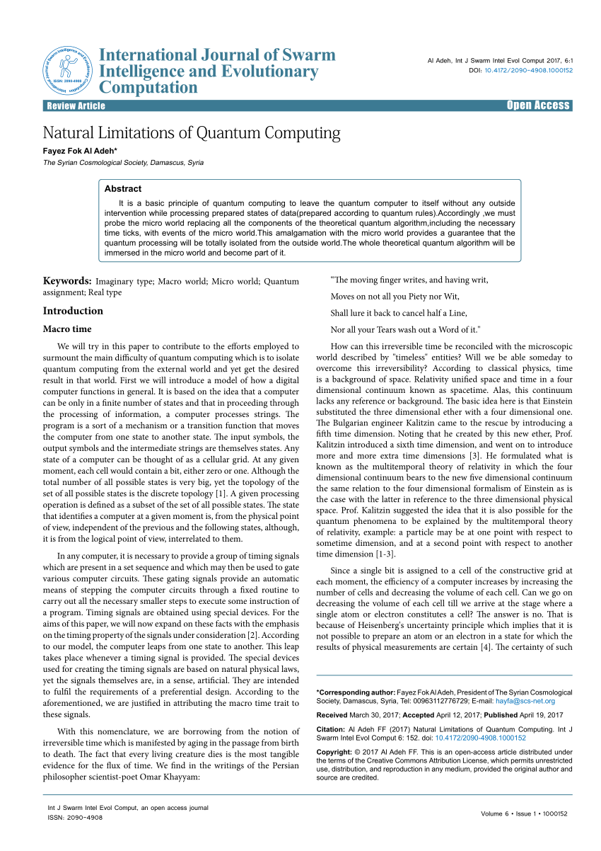 (PDF) Natural Limitations of Quantum Computing