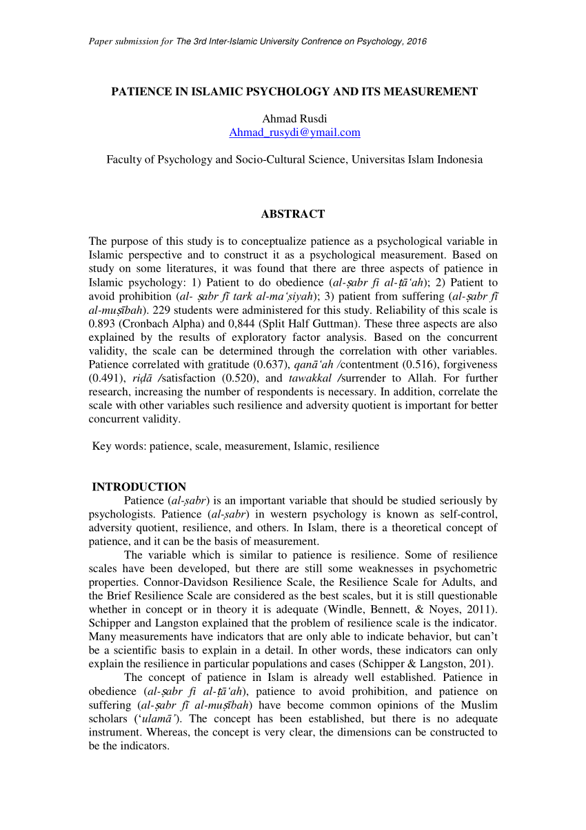 Pdf Patience In Islamic Psychology And Its Measurement