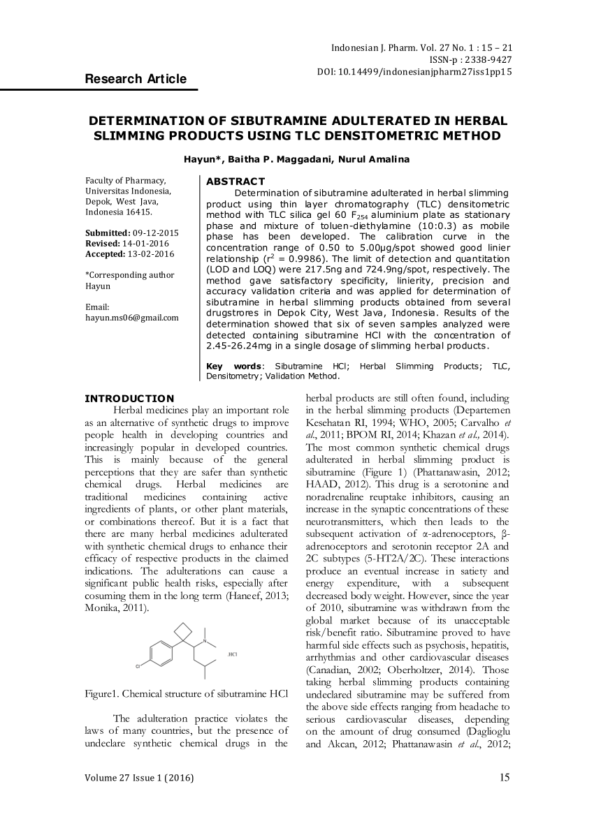 PDF Determination of sibutramine adulterated in herbal slimming