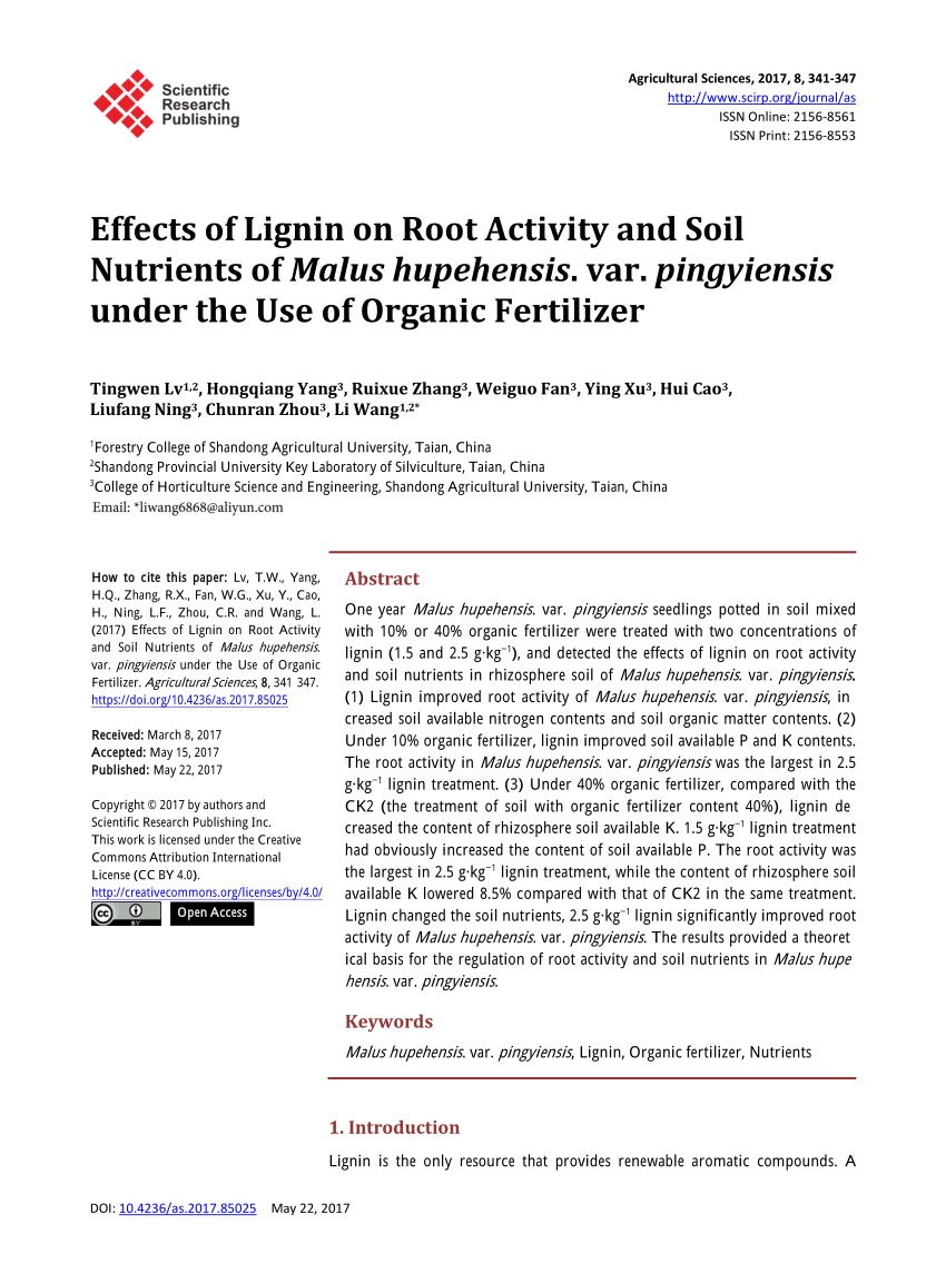Pdf Effects Of Lignin On Root Activity And Soil Nutrients Of Malus Hupehensis Var Pingyiensis Under The Use Of Organic Fertilizer