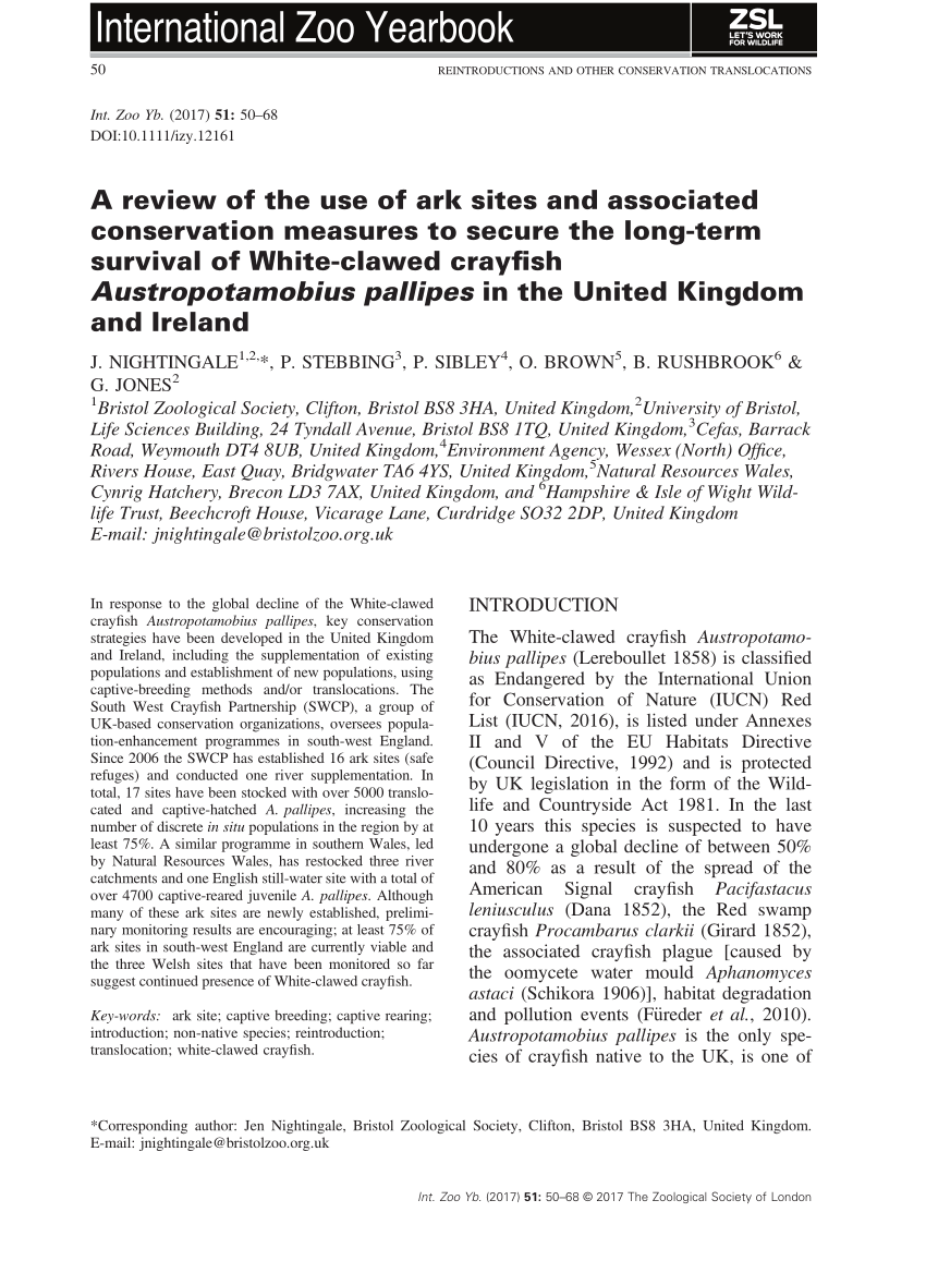 Pdf A Review Of The Use Of Ark Sites And Associated Conservation Measures To Secure The Long Term Survival Of White Clawed Crayfish Austropotamobius Pallipes In The United Kingdom And Ireland