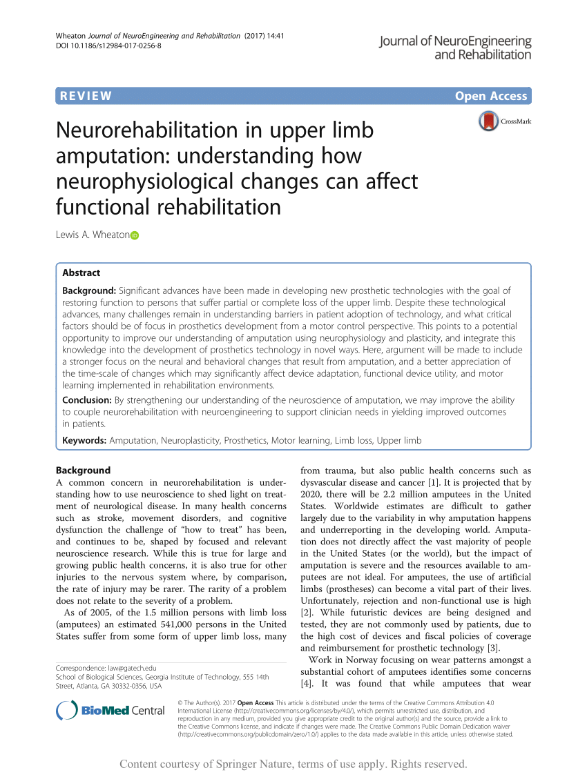 (PDF) Neurorehabilitation in upper limb amputation: understanding how  neurophysiological changes can affect functional rehabilitation