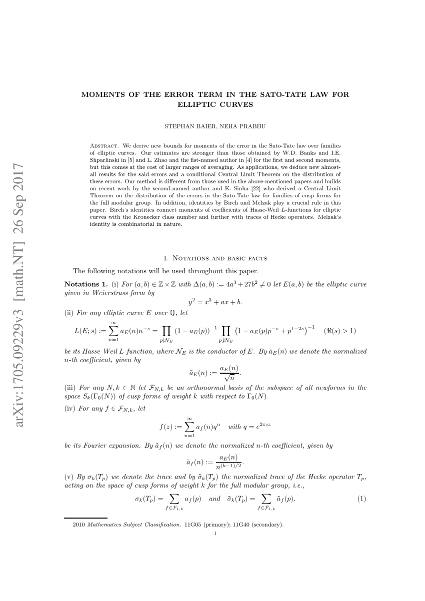 Pdf Moments Of The Error Term In The Sato Tate Law For Elliptic Curves